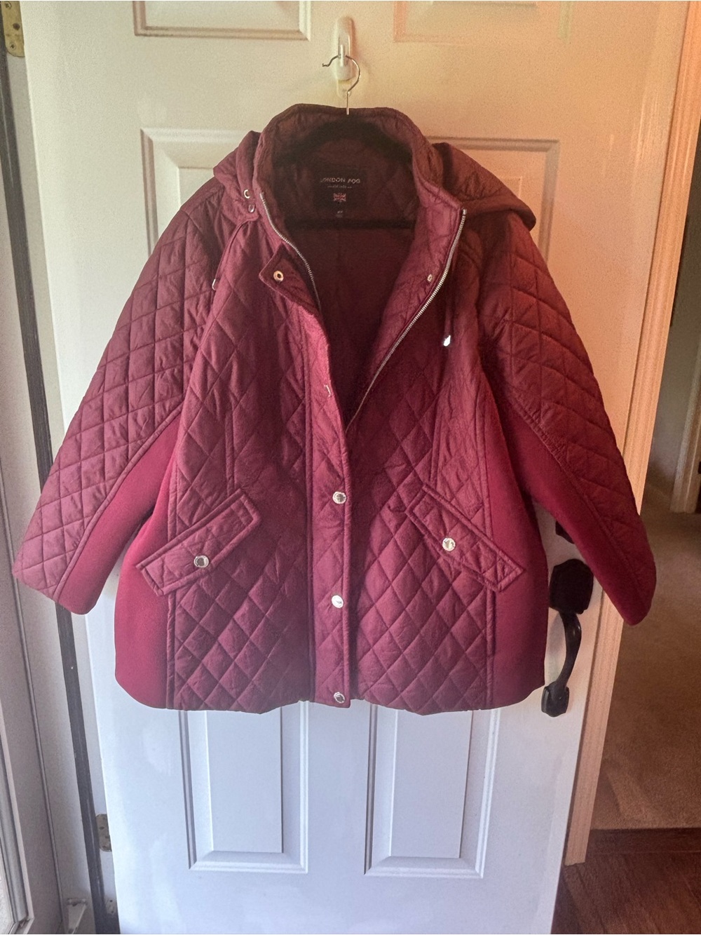 London Fog Quilted Hooded Puffer Jacket in Deep Burgundy